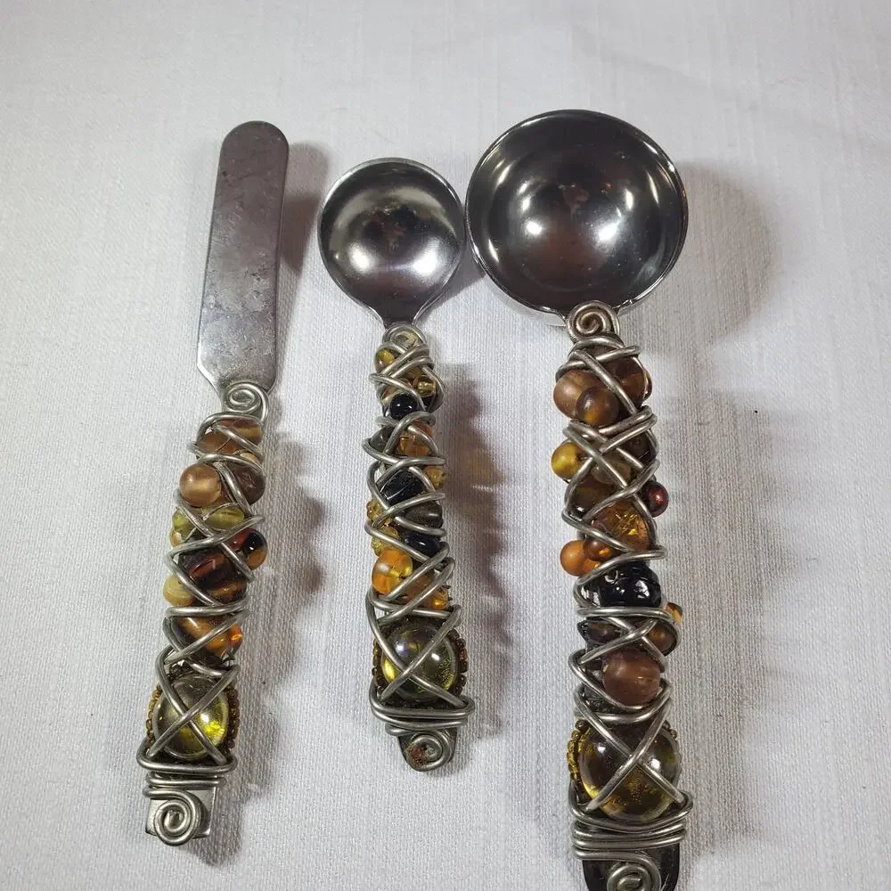 Vintage Wire Wrapped Amber Bead Charcuterie Appetizer Set Serving Knife Spoons